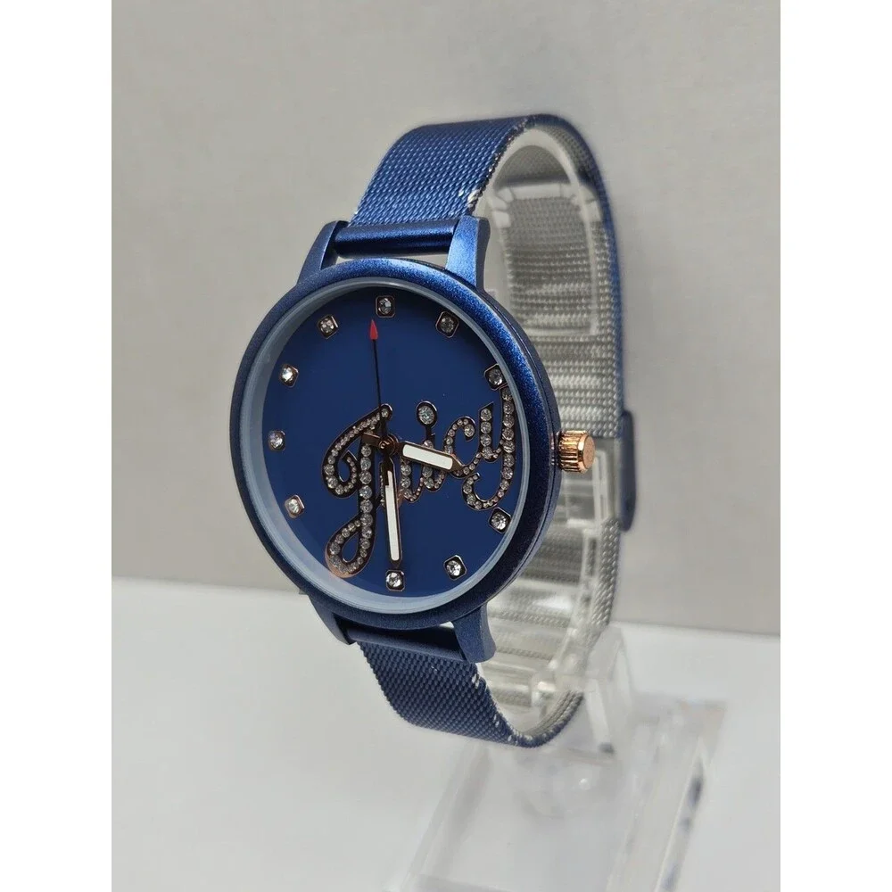 Juicy Couture Black Label Womens Blue Rose Gold Crystal Mesh Watch New Battery